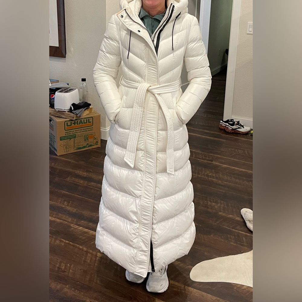 Mackage full length down winter coat, white, size small.